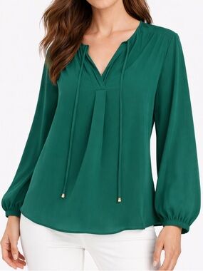 White House Black Market Emerald Green Pleated Blouse – Size 12